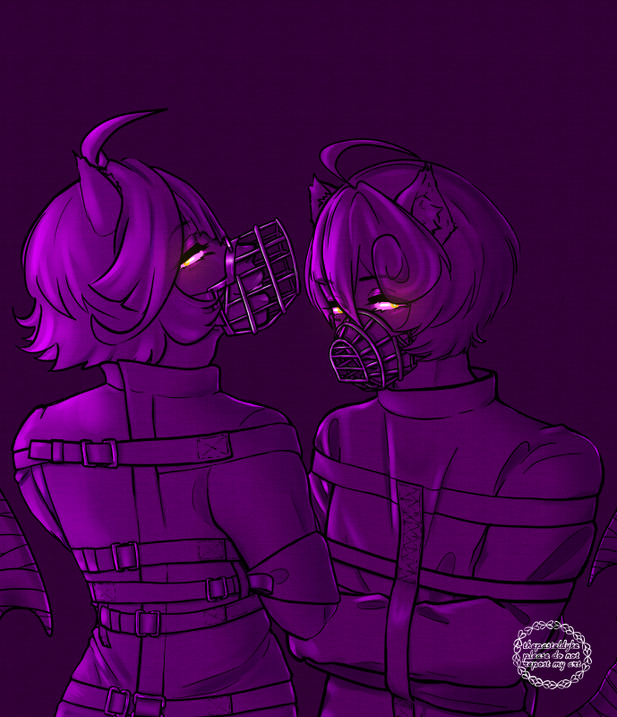 659 (Rocoku) and 661 (Roroy) wearing straightjackets and wire muzzles. 659's back is to the screen, he's looking over his shoulder, grinning. 661 is turned mostly to the screen, face neutral. Everything is shaded in dark purple aside from their eyes that are glowing yellow.